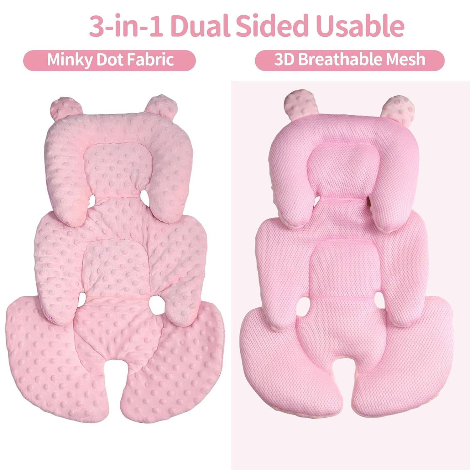 3-in-1 Reversible Car Seat Head & Body Support, Soft Infant Pillow Insert, Pink