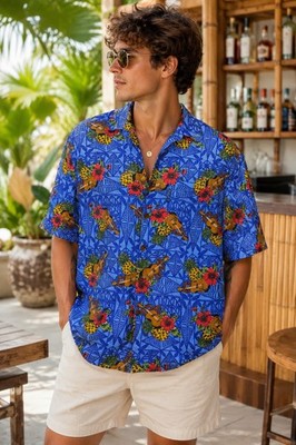 Mango Moon Hawaiian Rayon Shirt XL Blue Ukulele Pineapple Aloha Camp Shirt