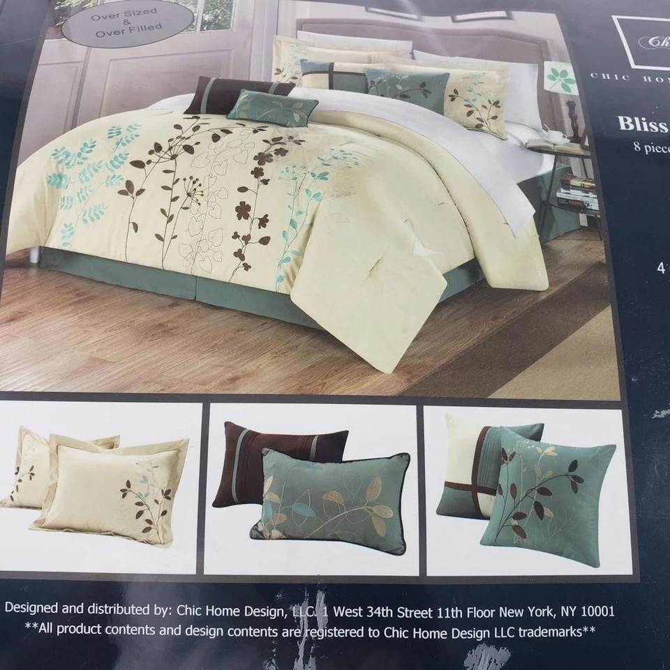 Chic Home Design Bliss Garden 8 Piece Comforter Set Queen Embroidered Aqua Brown - Image 2 of 4