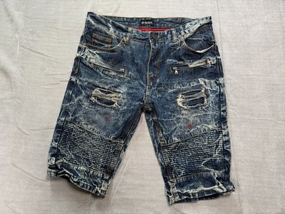 Black Premium Mens 32 Distressed Moto Denim Shorts Acid Wash Zip Pockets