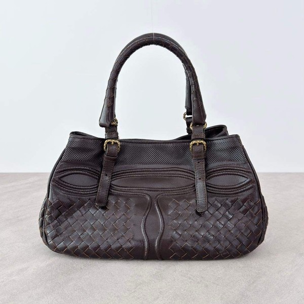 Bottega Veneta Intrecciato Leather Handbag Tote Dark Brown Gold Hardware Italy