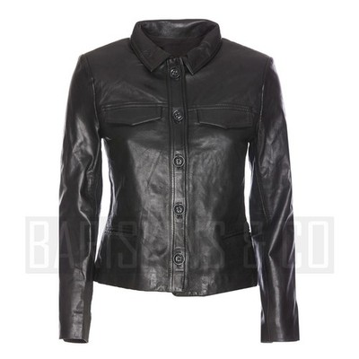 Women's Cropped Black Leather Jacket, Button Front Fitted Moto Style Coat