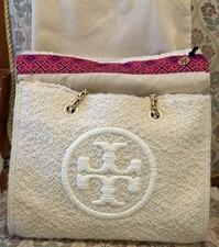 TORY BURCH ELLA LOGO CREAM BOUCLE TOTE BAG LEATHER/CHAIN HANDLE