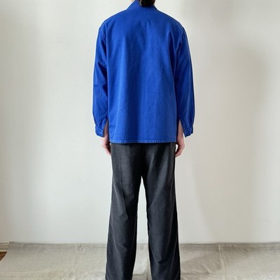 vintage French workwear worn faded royal blue sanfor work jacket