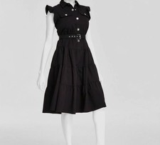 Tahari ASL Women's Black Collared Button Snap Belted Tiered A-Line Dress Size 12