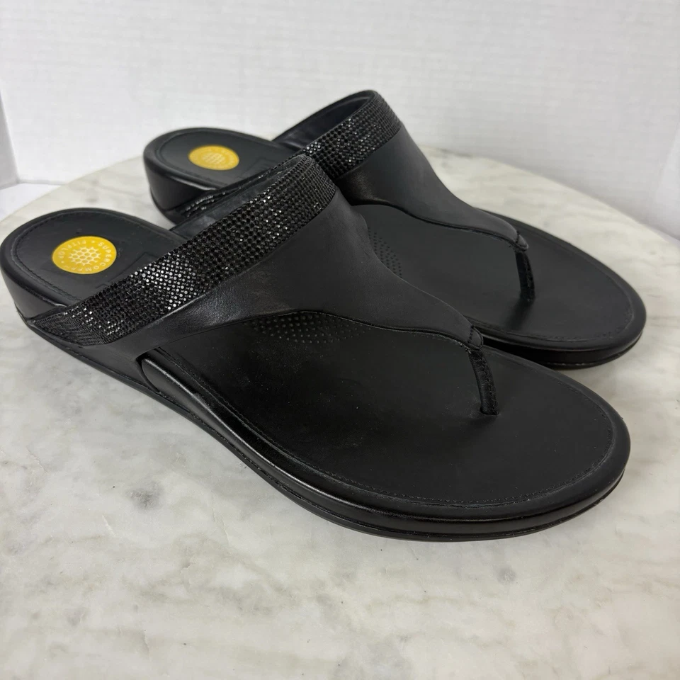 SANDALIAS FITFLOP BANDA MICROCRISTAL PUNTERA CUERO NEGRO TANGA TALLA 41 US 9 Foto 4 de 4