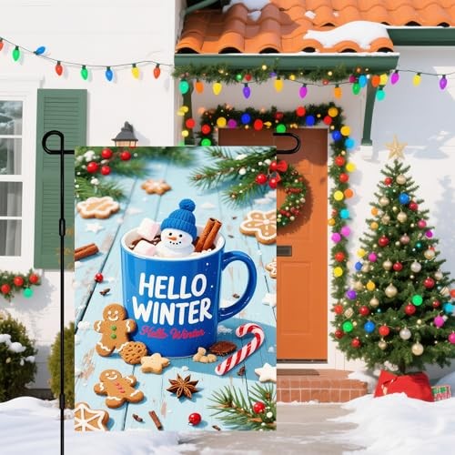  Winter Garden Flag 12x18 Inch Winter Hello Winter Hot Cocoa Mug Garden Flag