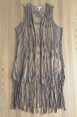 Cato Fringe Mesh Embroidered Long Cardigan Vest L Tan Festival Boho Chic Cowgirl