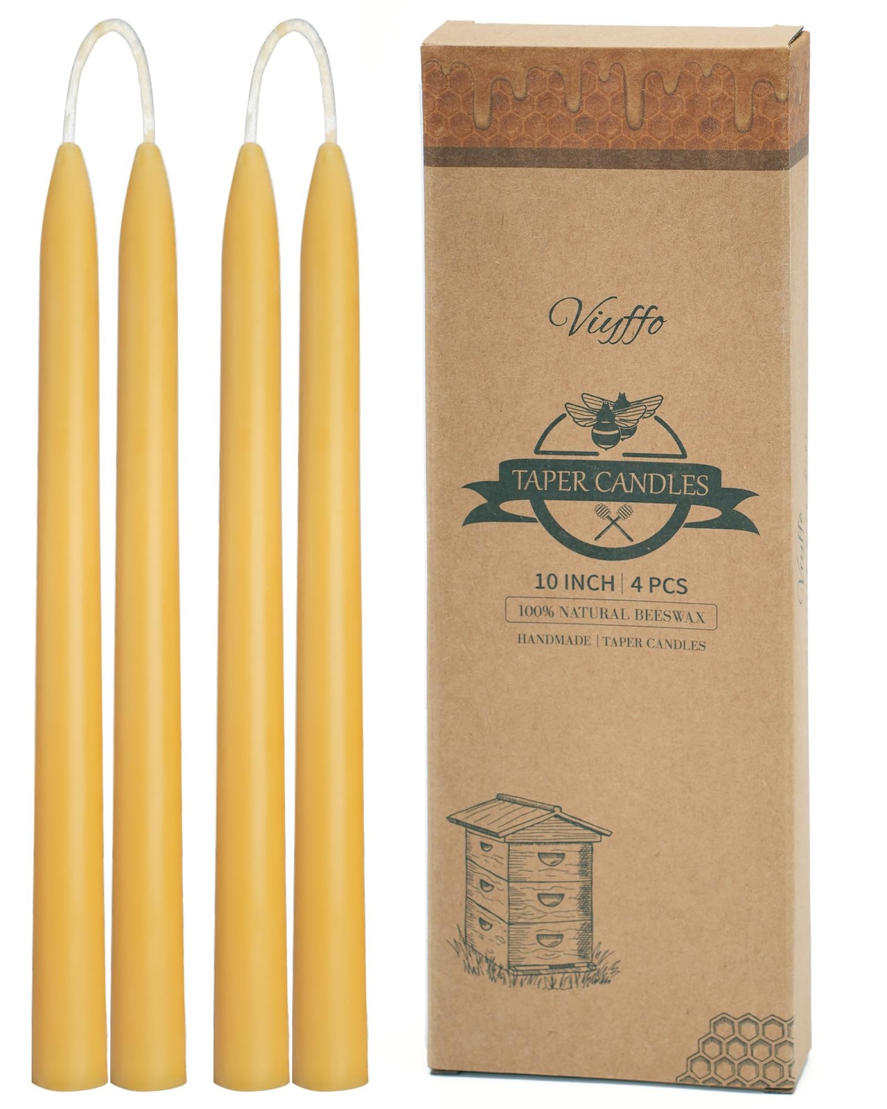 10 Inch Pure Beeswax Taper Candles, 4 Pack Handcrafted Dripl