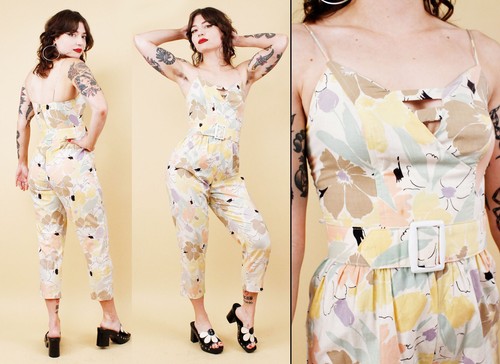 80s Vtg Cotton Pastel Floral Pattern Jumpsuit Romper Petite Short Xs