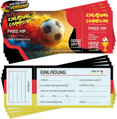 Einladungskarten Kindergeburtstag Fußball Ticket, Sport Party, Jungen Mädchen