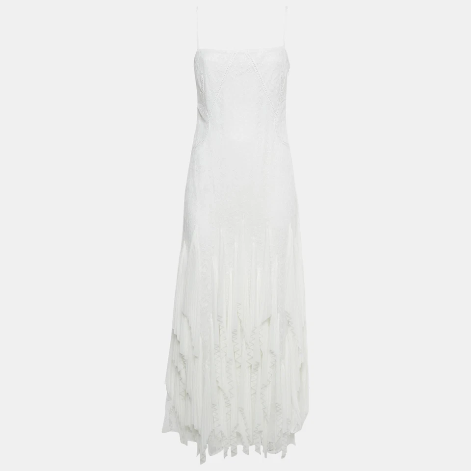 Simkhai White Chiffon Pleated Lace Maxi Dress S
