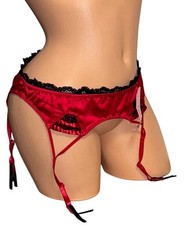 Jezebel  Promise  Red Shiny Slippery Satin Black Lace Trim Garter Belt M/L NWT