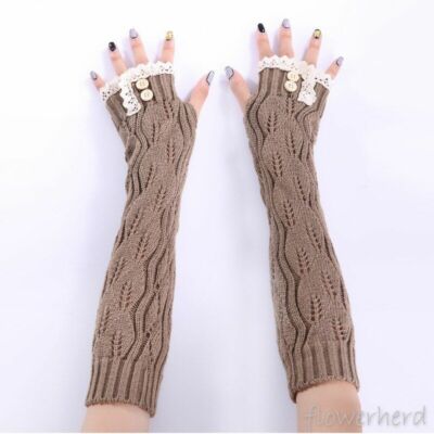 1pair Lace Button Knitted Gloves Fingerless Knit Yarns Glove