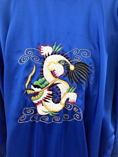 Dragon Design Kimono Style Robe Blue Satin Full L… - image 1
