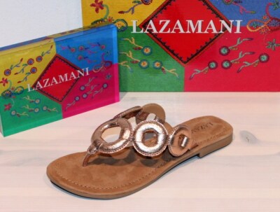 LAZAMANI Leder-Sandalette Flats Pantolette Zehentrenner Metallic RoseGold - Neu!