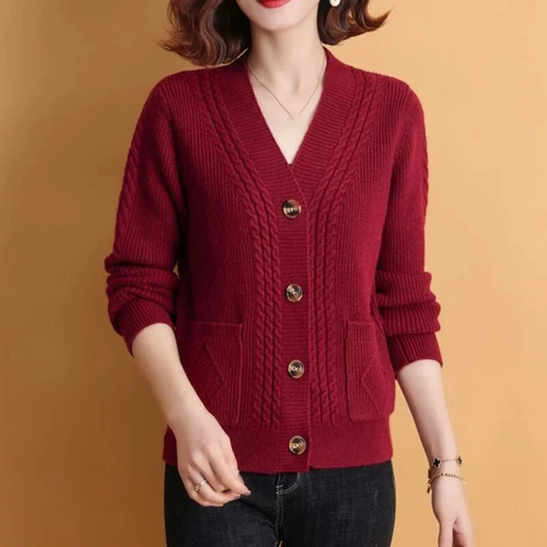 Cárdigan tejido de gran tamaño para mujer suelto informal cuello en V tejido suéter abrigos chaquetas - Imagen 14 de 29