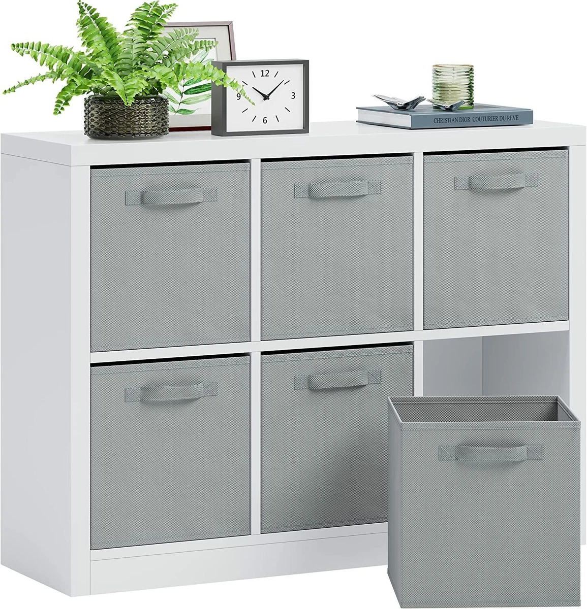 Wooden Cube Shelf Organizer Set Table. Includes Six Fabric Grey