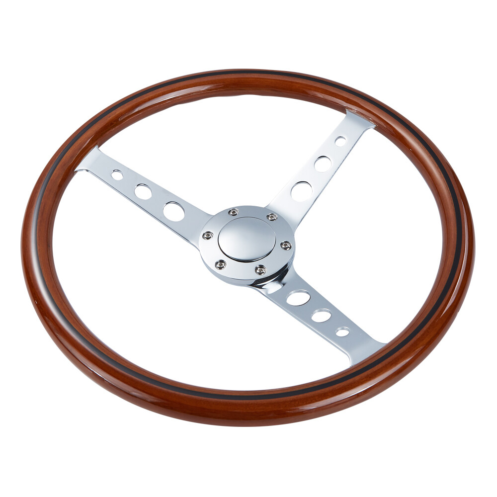 380mm 6 Bolt 15'' Wood Grain Trim Classic Wooden Steering Wheel Chrome Spoke
