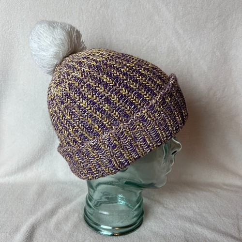 Love Your Melon Beanie Hat Purple Yellow Patch Cuffed Pom Knit Cotton Winter - Picture 4 of 10