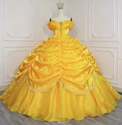 Belle Princess Yellow Quinceanera Dresses Organza Beading Prom Party Ball Gowns