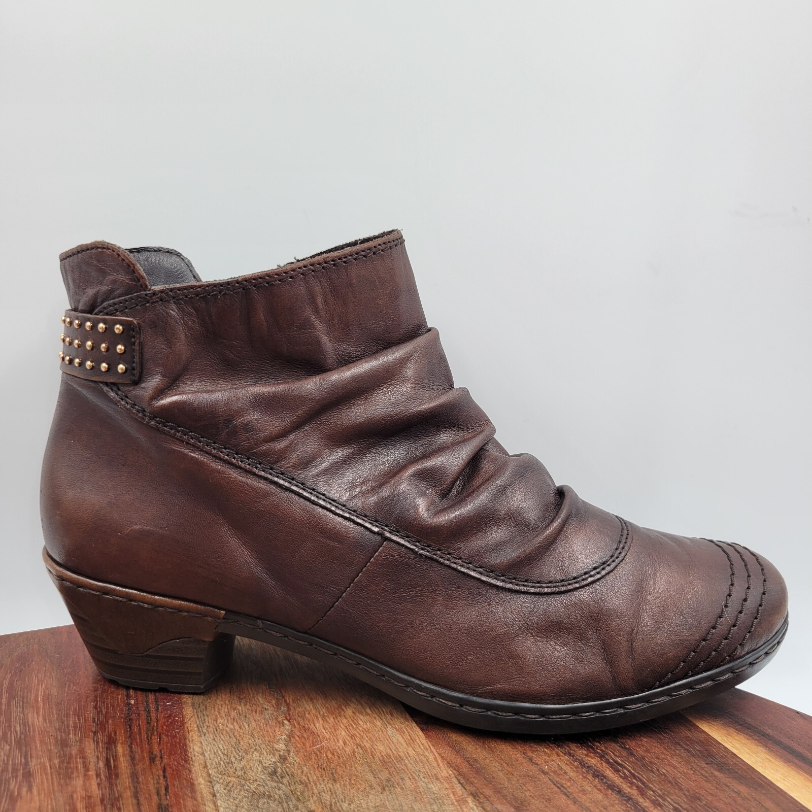 Rieker Ankle Boots Women's 39 / 8 Brown Leather Studded Heel Slouch Zip Booties