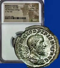 238 AD Pupienus Ancient Roman Silver Coin AR Denarius NGC AU About Uncirculated