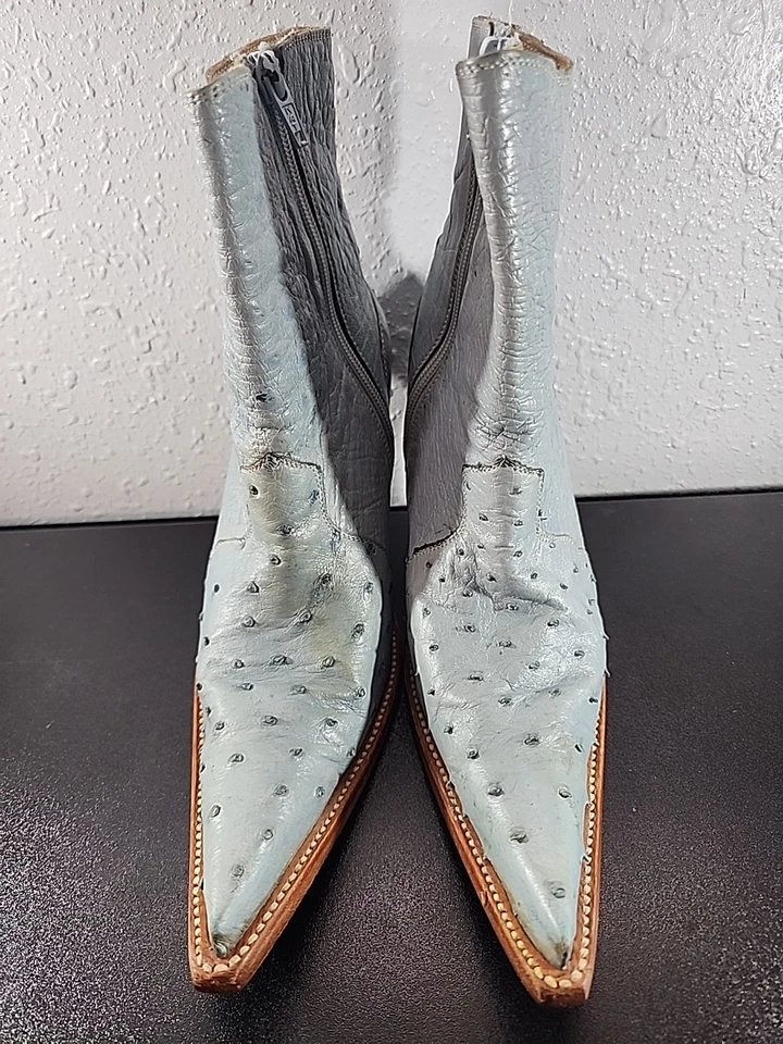 Botines de aguja punta puntiaguda de cuero de avestruz pluma completa azul para mujer talla 5,5 Foto 2 de 4