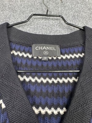 Chanel P70827K10079 Cardigan Sweater 38 Navy Black Striped CC