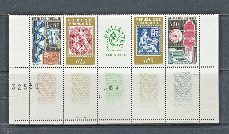 France 1964 #1088a MNH Paris Philatelic Expo/Strip of 4 + Label + Margin
