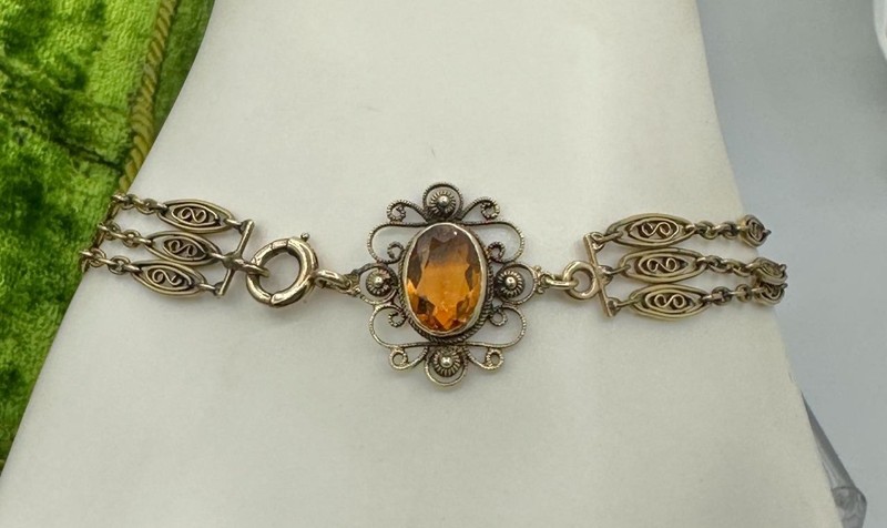 Victorian Citrine 14K Gold Bracelet Triple Strand Links Filigree 7.5 Inches