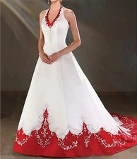 Elegant White and Red A-line Wedding Dress with Backless and Sleeveless Design