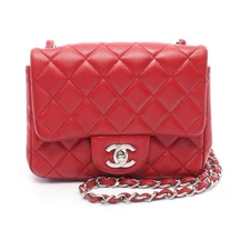 CHANEL Mini Matelassé Chain Shoulder Bag Leather Red Silver Hardware #RC955