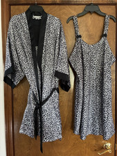 Vintage Contessa Di Roma Leopard Print Satin Robe Gown Set XL Black White 2Pc
