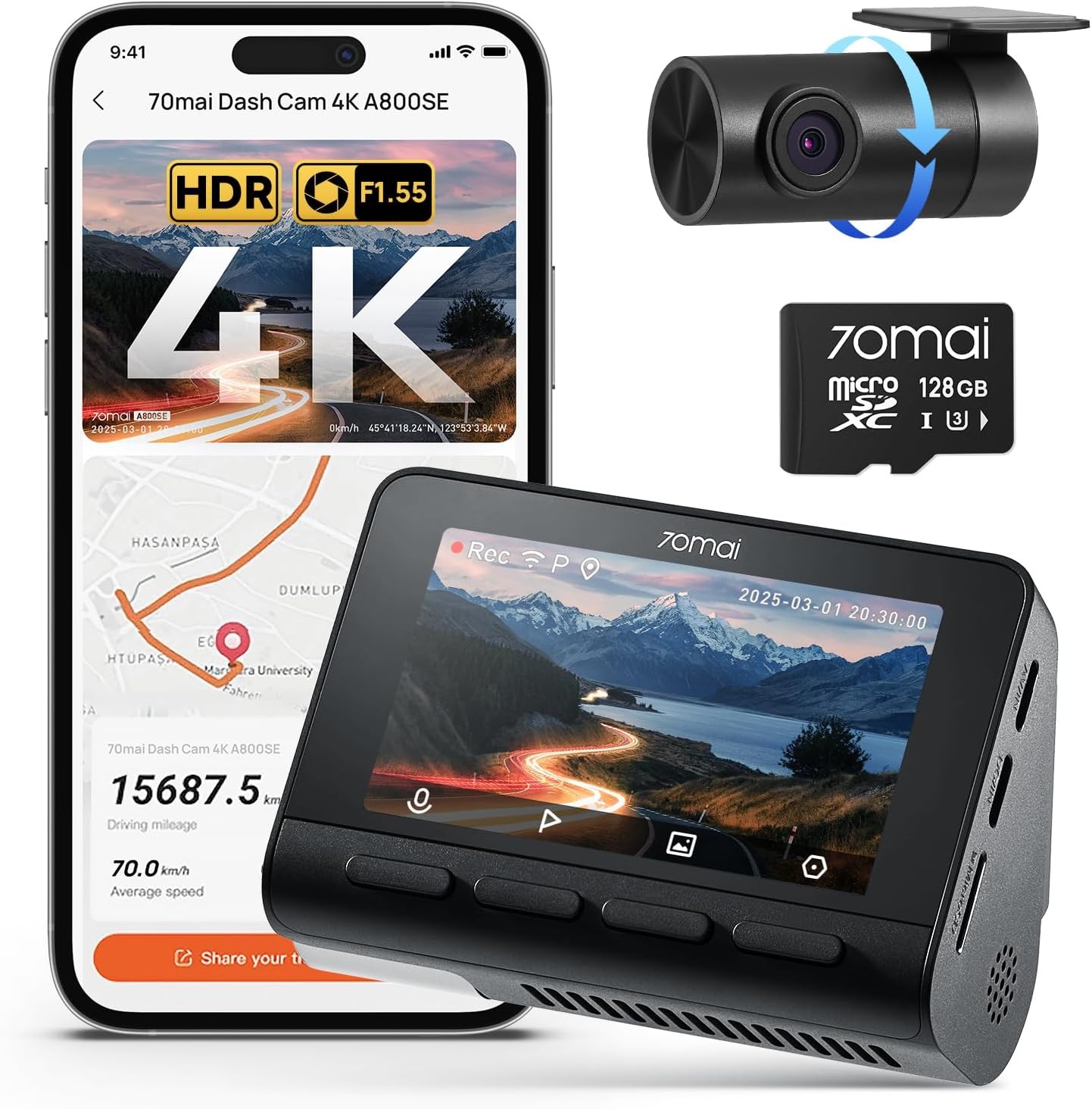 A800se Dashcam 4k+1080p GPS WIFI Doppia Telecamera Auto Fronte/retro con - Miniatura 2