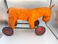 Antique Steiff Style Plush Horse Pull Toy Metal Base Rolling Wheels Vintage