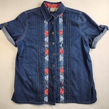 Vintage Koret Women Size Medium Denim Blouse Tab Sleeve Western Cowgirl Rodeo