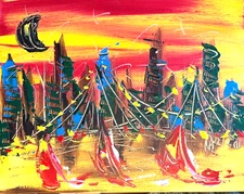 CITYSCAPE BOATS Modern Abstract  Original Oil Painting  IMPRESSIONIST NES3RG