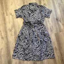 Talbots Women Size 8 Blue Paisley Tropical Button Up Short Sleeve Tie Midi Dress