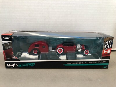 1/64 MAISTO TOW & GO RAT ROD 1929 FORD MODEL A 5 WINDOW TRAVELER TRAILER BOX RED