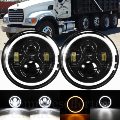 Pair LED Headlights High Low Angel Eyes DRL for Mack Granite CV713 Dump Truck