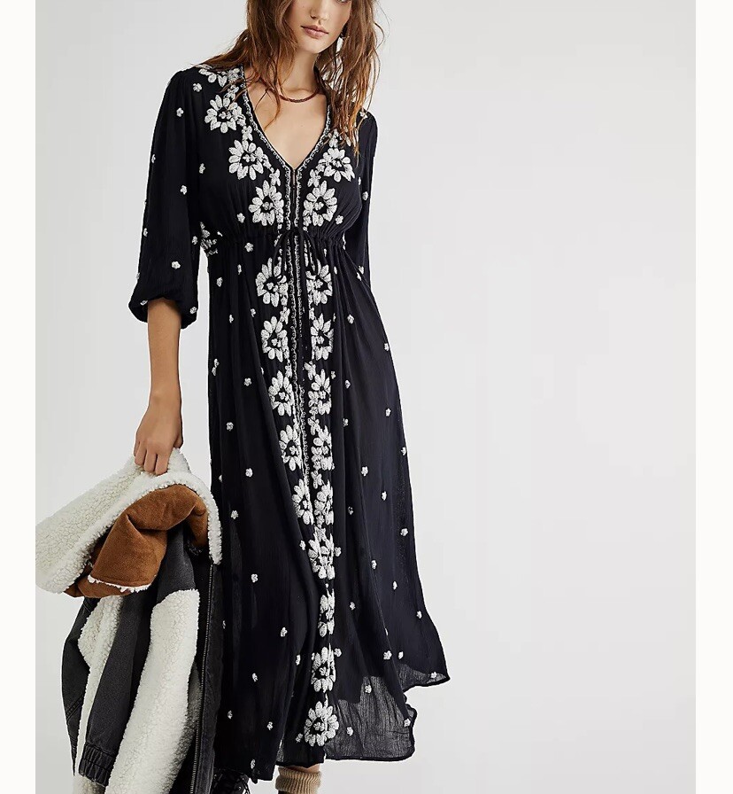 Free People black embroidered long 