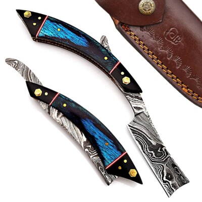 Custom Hand Made Damascus Steel Straight Folding Razor With Shave Ready Razor-27