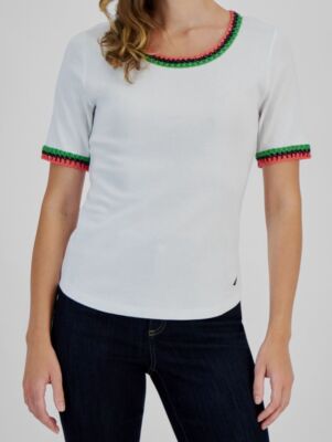 Nautica Jeans Women's' White Crochet Trim Crewneck T-Shirt Size Small