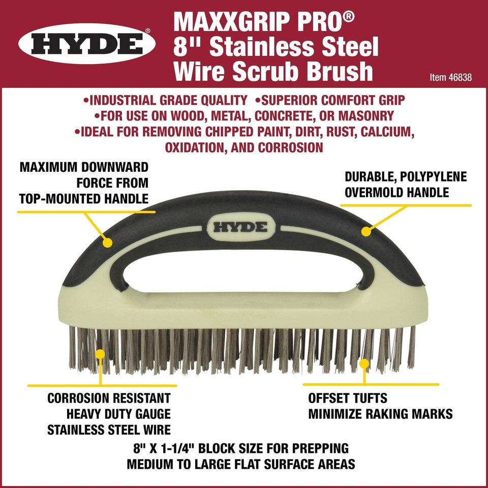 HYDE 46838 Stainless Steel Wire Scrub Brush, 8-inch, MAXXGRIP PRO | eBay