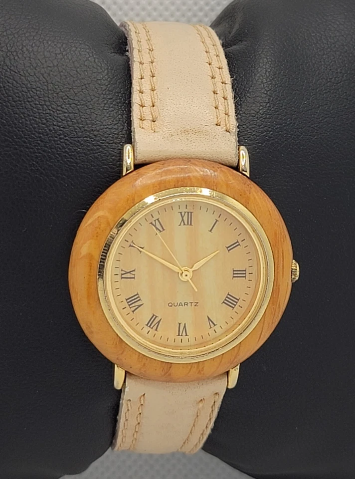 Ladies Classic Round Wooden Case Beige Faux Leather Band Analog Watch J9 - Image 3 of 4