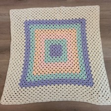 Crochet Afghan VTG Homemade Baby Lap Blanket Throw 33"x 32" Pastel Easter Cute