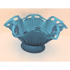 Westmoreland Blue Mist Satin Ruffled & Open Lace Footed Bowl Candy Dish