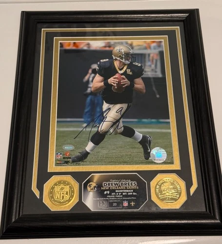 Drew Brees Signed Photo 20/99 Saints QB 24k Gold Overlay Coins COA