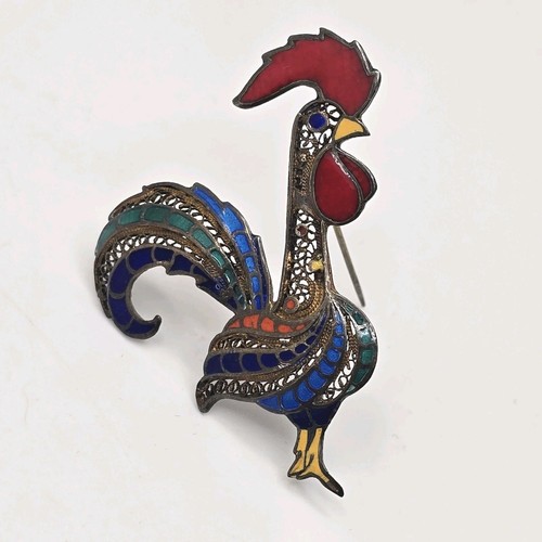 Spilla gallo vintage tono argento filigrana smalto figura spilla stile topazio MCM - Foto 2 di 8